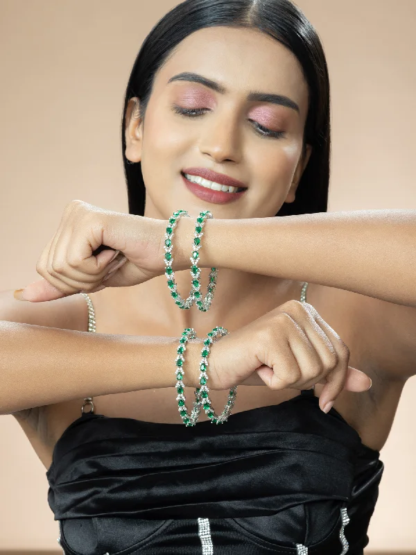 bracelets with sun charm -Silver-Plated Bangles Set with Rhodium Finish and Green White Zircon Stones