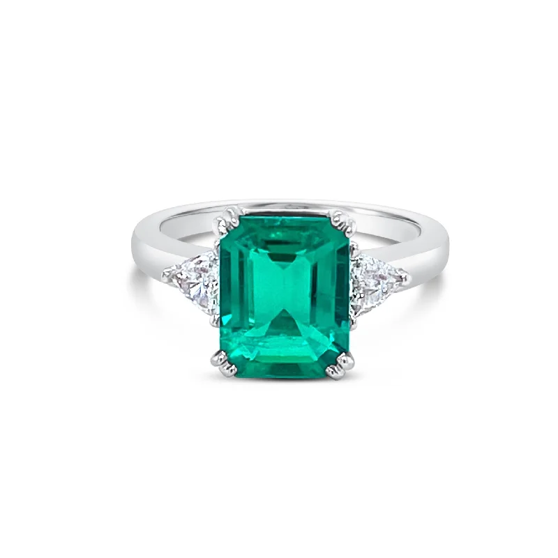 ladies rings thin band elegance -Emerald Cut Emerald & Trillion cut Diamonds Ring