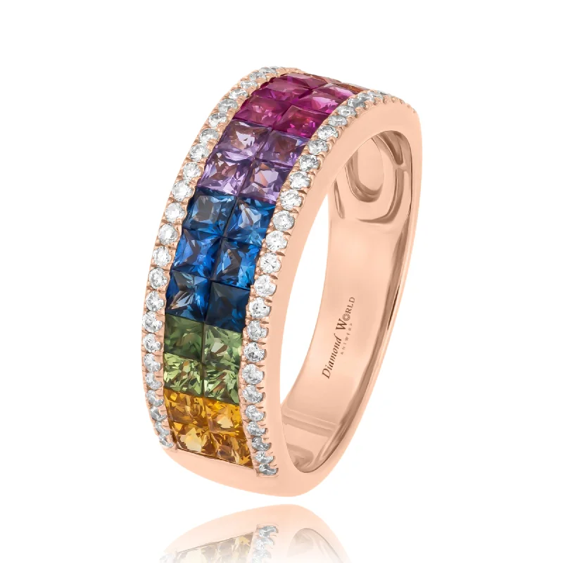 ladies rings personalized name ring -Double row Princess cut Multi Colour Sapphires & Diamonds Ring