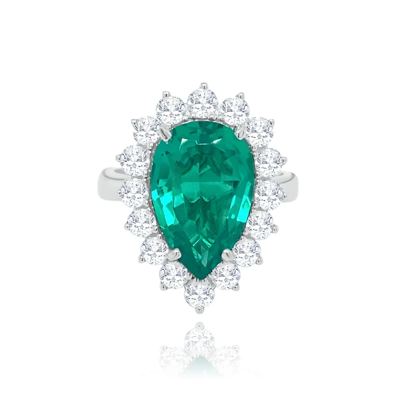 ladies rings stackable fashion set -Pear shape Emerald & Diamonds classic "Venus" Ring