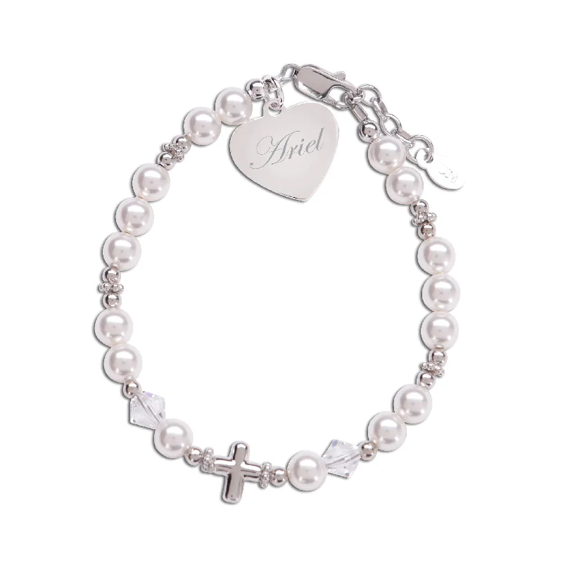 bracelets with sun charm -Girls Sterling Silver Pearl First Communion Cross Bracelet with FREE Engraving - TC-Jessica