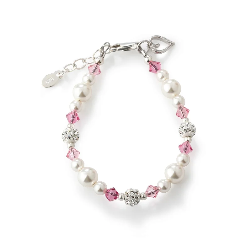 bracelets for anniversary surprise -Little Girls Sterling Silver Baby Bracelet with Simulated Pearls and Pink Crystals with Heart