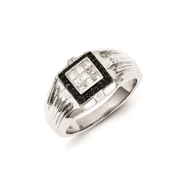 ladies rings for vintage charm -Sterling Silver Rhodium Plated Black and White Diamond Men's Ring