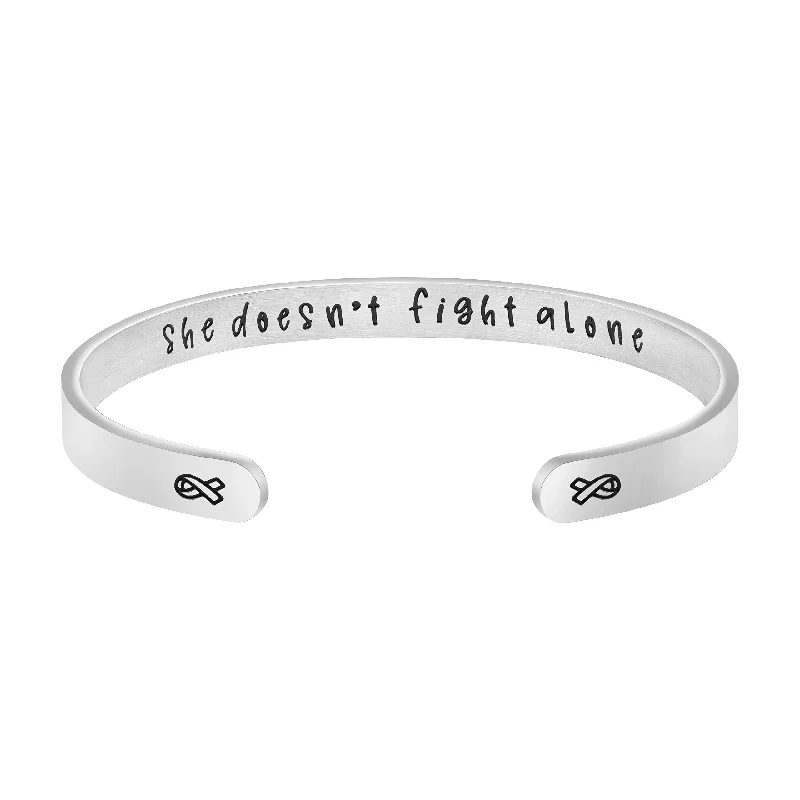 bracelets with engraved name -She Doesn't Fight Alone Cuff Bracelet