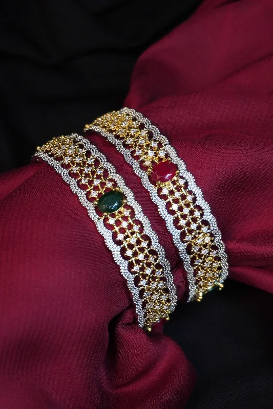 bracelets romantic delicate style -Gold-Plated Red And Green Stone With CZ Bangles For Women (Set Of 2)