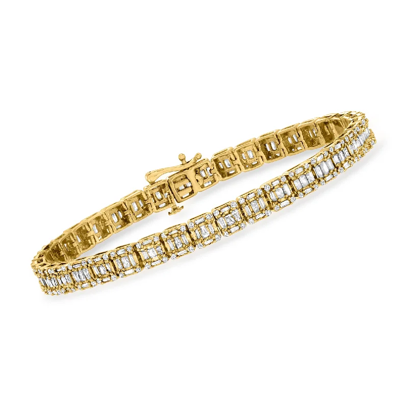 bracelets for holiday gift -Ross-Simons Baguette and Round Diamond Rectangular Cluster Bracelet in 14kt Yellow Gold