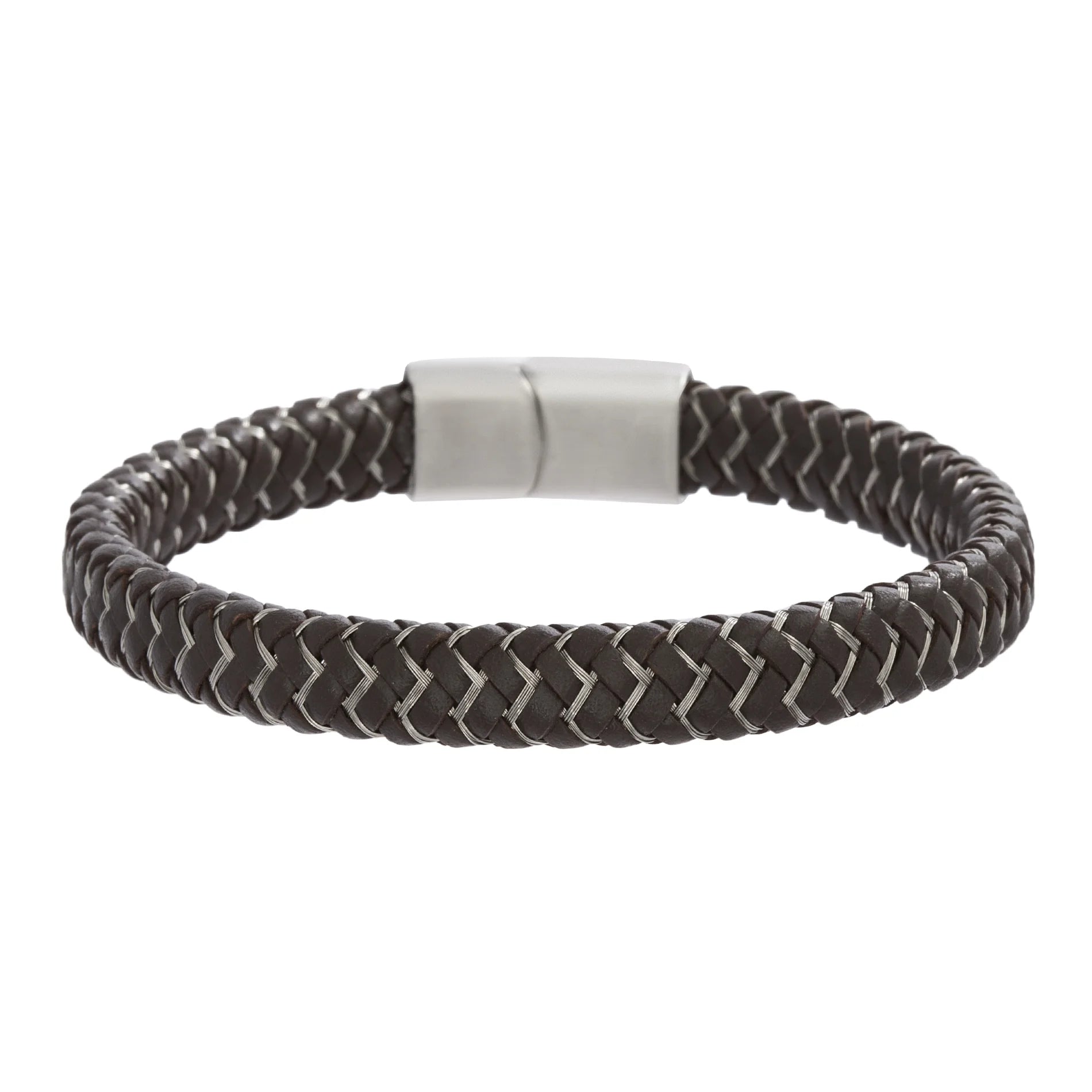 bracelets hypoallergenic metal -Reinforcements Brown Zig Zag Braided Leather Bracelet in Stainless Steel for Men