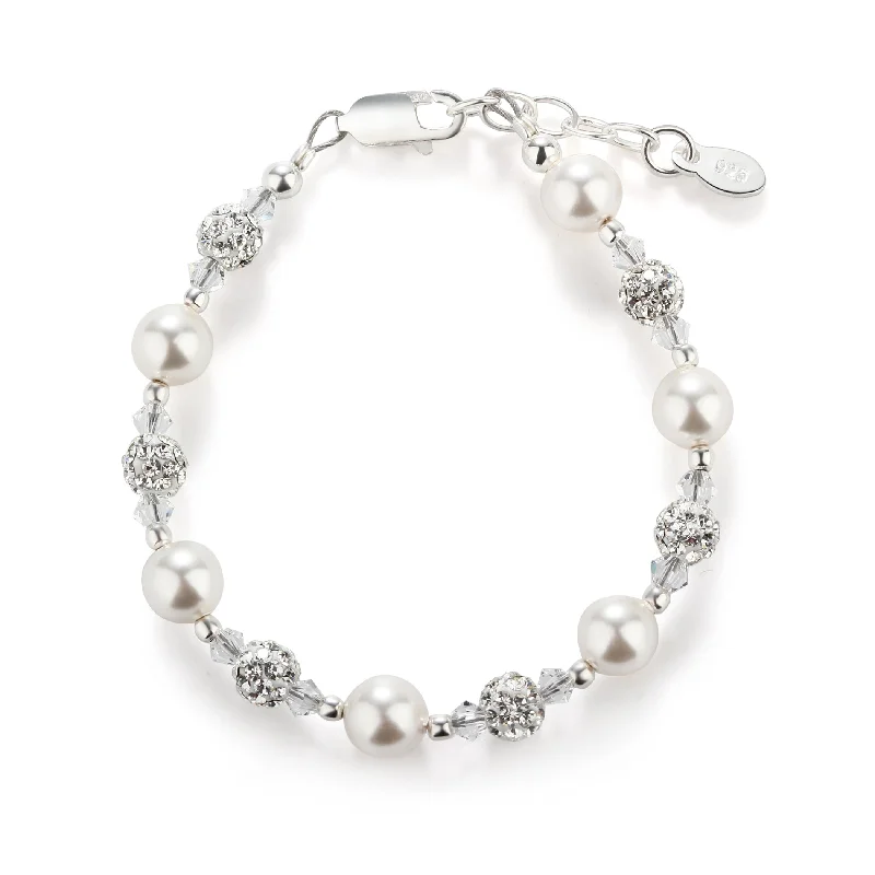 bracelets delicate thin design -Sterling Silver White Simulated Pearl and Stardust Flower Girl Bracelet