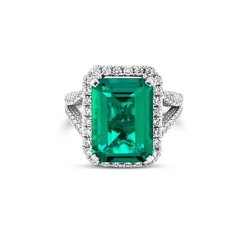 ladies rings modern sleek look -Split sided Halo set Emerald & Diamonds "Eiffel " Ring