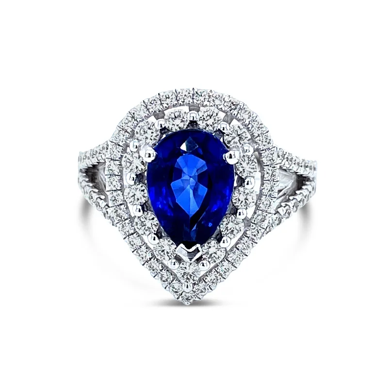 ladies rings vintage chic look -Double Halo Split sided Pear shape Sapphire & Diamonds "Scarlett" Ring