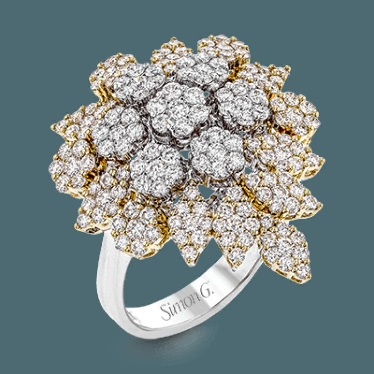 ladies rings for engagement proposal -This opulent 18k white and yellow gold right hand fashion ring recalls Old Hollywood glamour with a whopping 2.06 ctw of white diamonds set in a floral design.