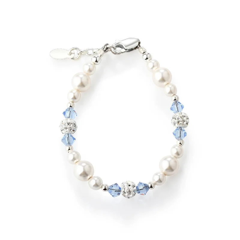 bracelets for bold fashion -Girls Sterling Silver Simulated Pearl and Blue Crystal Kids Bracelet