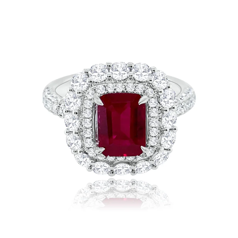 ladies rings with red ruby -Double Halo Ruby & DIamonds « Martini »Ring.