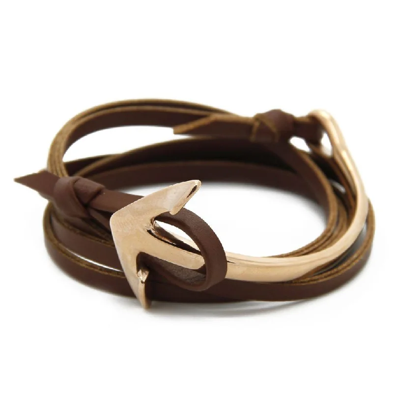 bracelets bold statement piece -Nautical Half Cuff Anchor with Brown Leather Wrap Bracelet