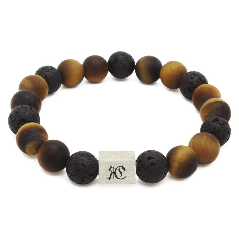 bracelets with rose quartz -Big Classic Lava With Matte Tiger Eye Bracelet - Sterling Silver