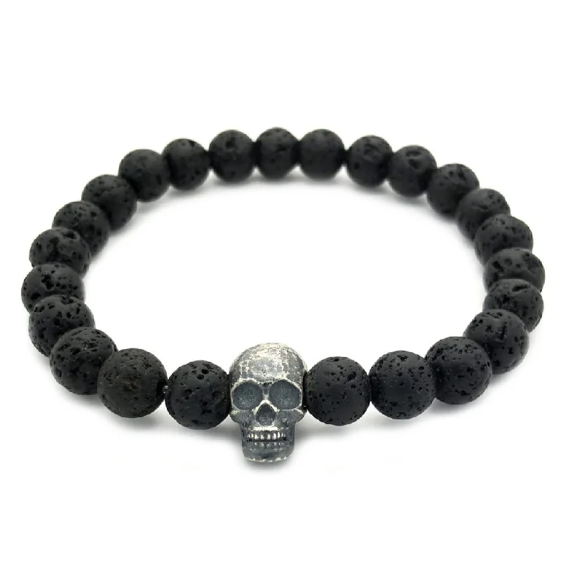 bracelets with opal gem -Raw Skull with Lava Stones Bracelet - Sterling Silver