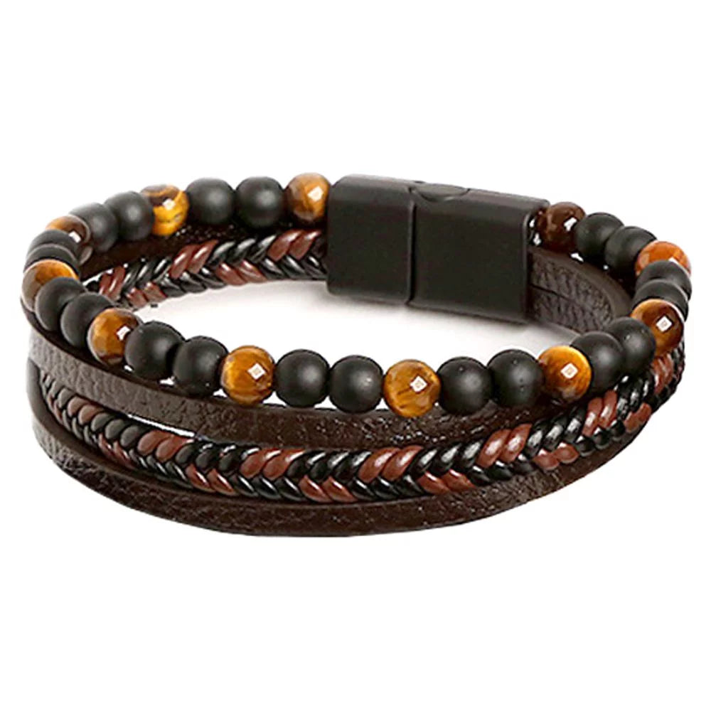 bracelets for daily elegance -Tiger Eye Matte Black Onyx Leather Beaded Bracelet Men's