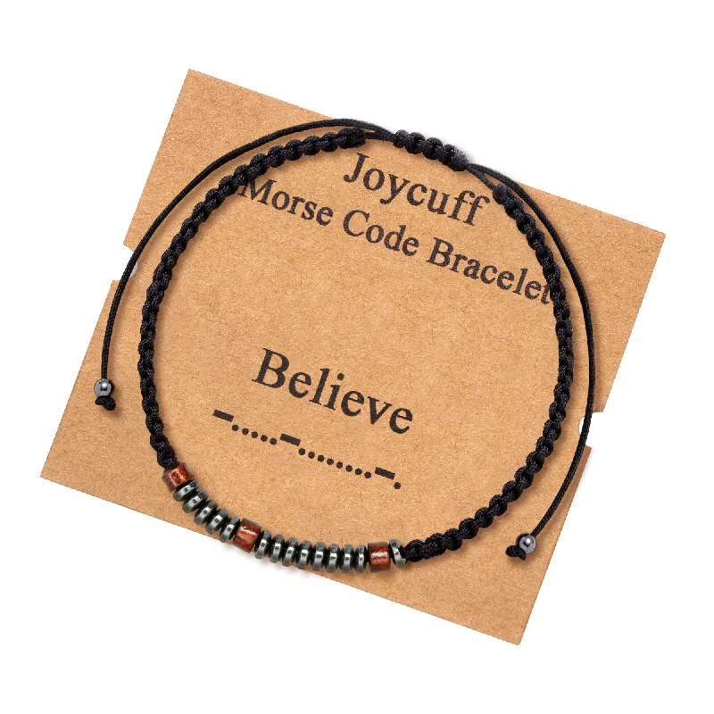 bracelets for daily elegance -Believe Secret Message Wood Morse Code Bracelets Inspirational Believe Jewelry for Women