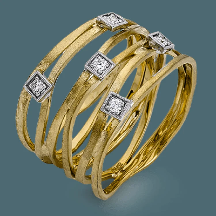 ladies rings budget friendly luxury -This eye-catching yellow gold ring features a lovely layered design and .09 ctw of glistening round cut white diamonds set in square-shaped white gold settings.