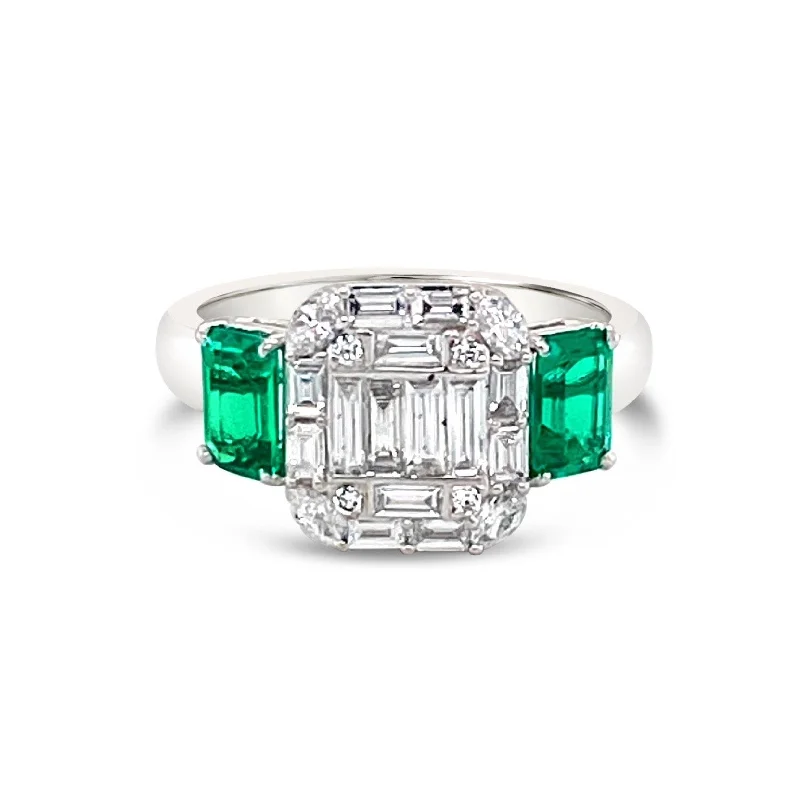 ladies rings with engraving detail -Central Diamonds & side Emerald cut Emeralds "Ashley" RIng