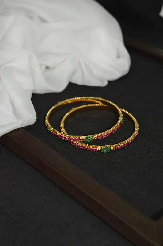 bracelets lightweight daily comfort -Gold Plated Stone Bangle Pair with Green and Purple Stones