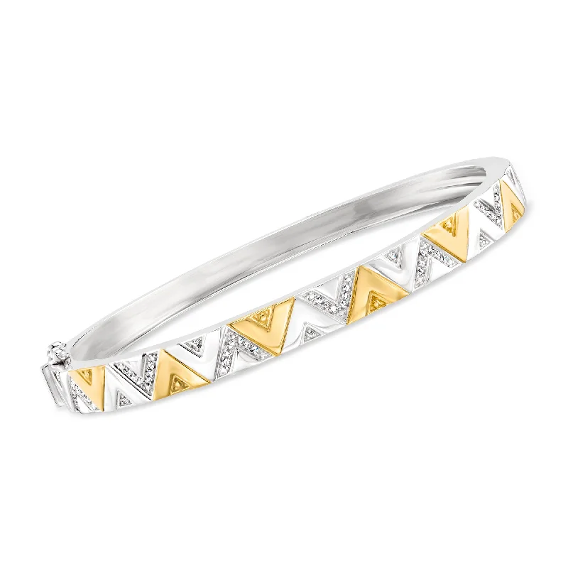 bracelets with engraved name -Ross-Simons Diamond Chevron Bangle Bracelet in 2-Tone Sterling Silver