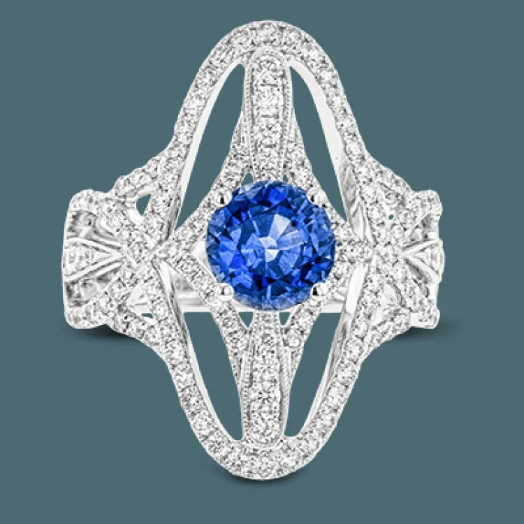 ladies rings with gemstone accent -The lovely vintage-inspired design of this 18k white gold ring elongates the finger and contains 1.07 ctw of white diamonds.