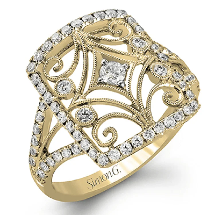 ladies rings for evening wear -The intricate design of this vintage style white gold ring is enhanced by .64 ctw of glistening round cut white diamonds.