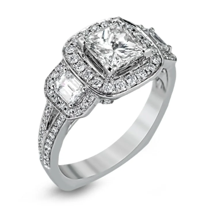 ladies rings rose gold trendy -This impressive white gold ring features .43 ctw emerald cut side diamonds and is accented with .38 ctw round cut diamonds.