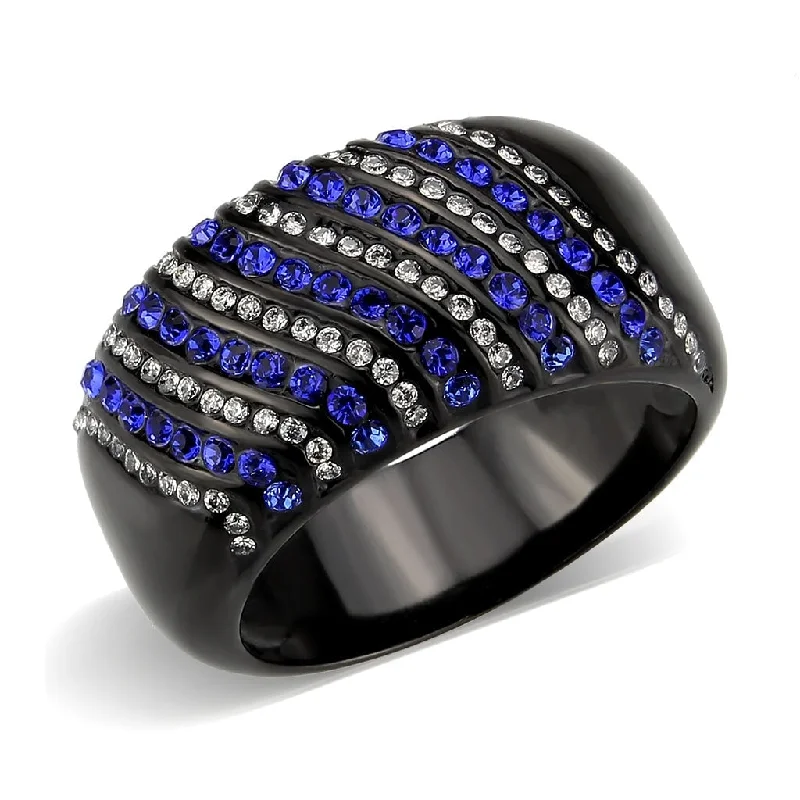 ladies rings stylish affordable -Black Stainless Steel Blue CZ Pave Band Ring Striped Cocktail Jewelry