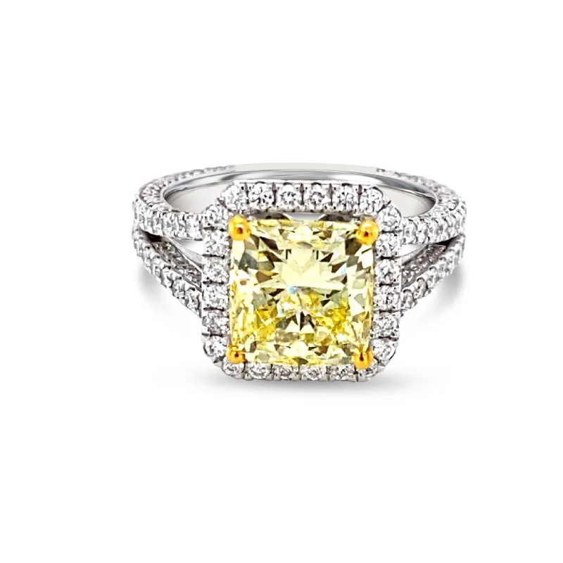 ladies rings heart shaped romance -Split Sided Halo set Cushion cut Fancy Yellow Diamonds Ring