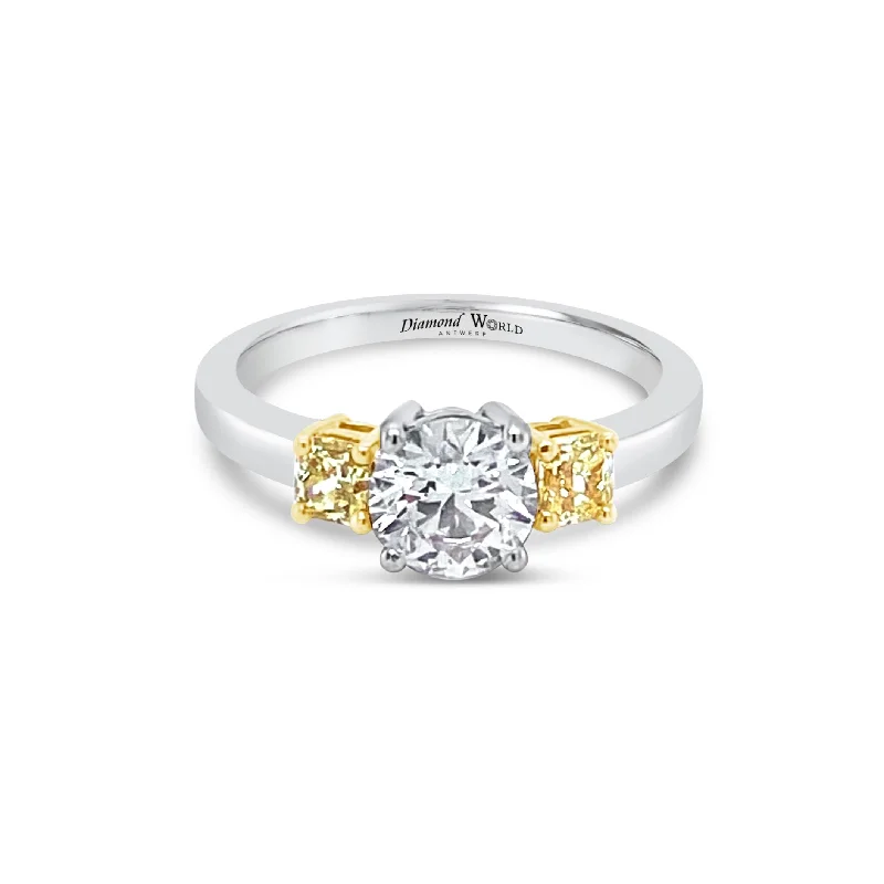 ladies rings with opal shimmer -Brilliant cut Diamond & Fancy yellow  Cushion cut Diamonds Trilogy Ring