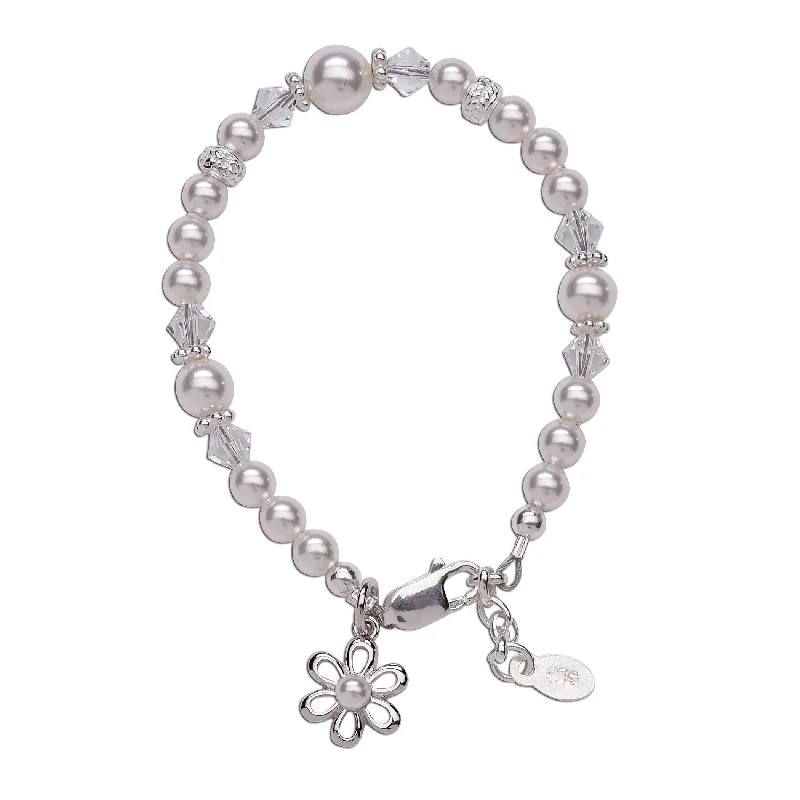 bracelets adjustable length fit -Lila - Sterling Silver High-End Austrian Simulated Pearl Bracelet with Daisy, Flower Girl Gift