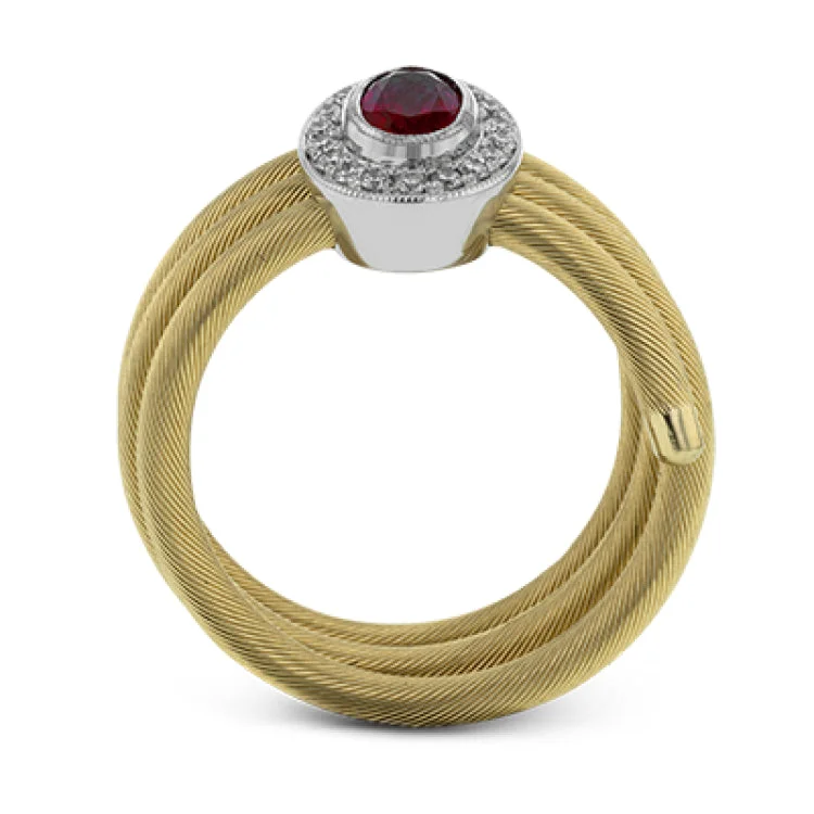 ladies rings stylish affordable -This unique right hand ring of gold coils wraps your finger in luxury and features an oval Ruby 0.57 ctw. surrounded by a halo of wite diamonds 0.14 ctw.