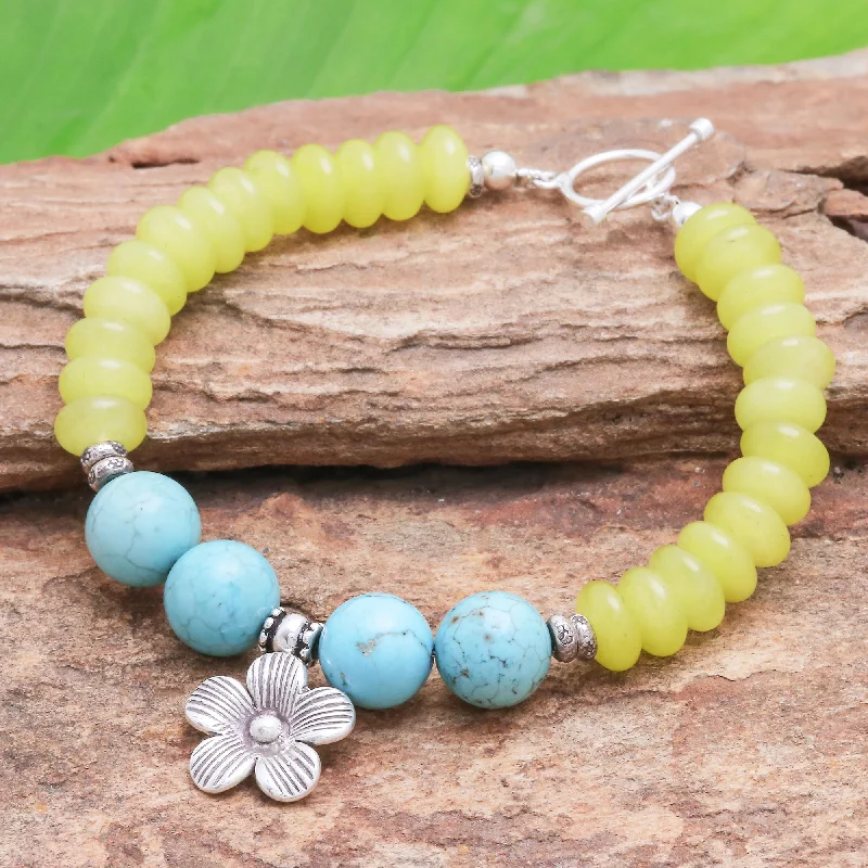 bracelets with star pendant -Daisy in the Sunshine Yellow Agate Bracelet with Hill Tribe Silver Flower Charm