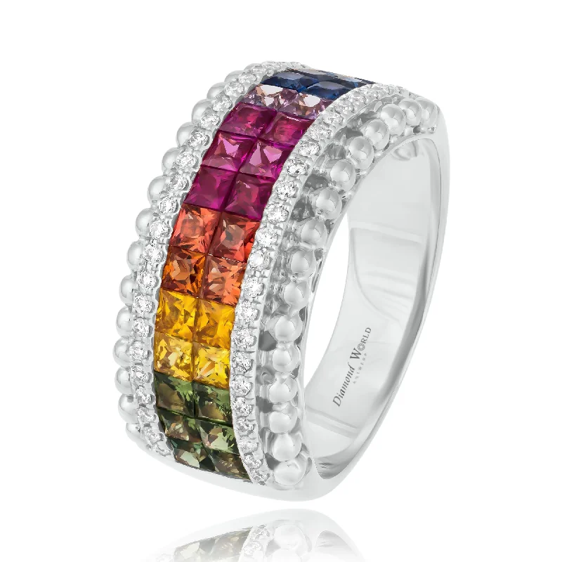 ladies rings floral pattern beauty -Multi Colour Double Row Princess Cut Sapphires & Diamonds Ring