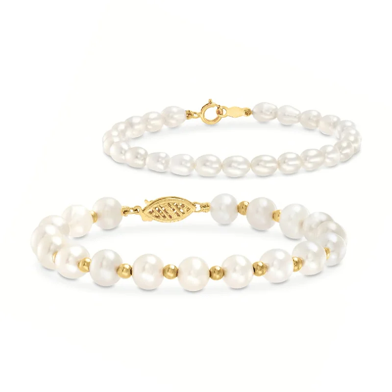 bracelets for vintage lovers -Ross-Simons Mom & Me 4-7mm Cultured Pearl Bracelet Set Of 2 in 14kt Yellow Gold