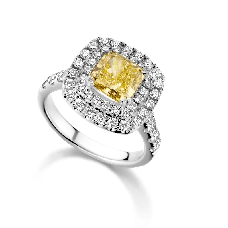 ladies rings budget friendly luxury -Double Halo set Fancy Yellow Cushion cut Diamonds Ring