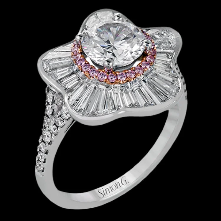 ladies rings with opal shimmer -This modern white gold ring features an eye-catching floral design set with .19 ctw of round cut white diamonds complemented by .13 ctw pink diamond accents and 1.23 ctw of baguette cut diamonds.