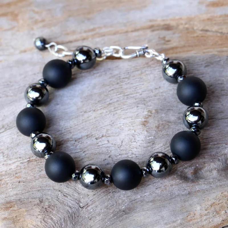 bracelets sleek modern design -Dark Cosmos Onyx and Hematite Beaded Bracelet by Thai Artisans