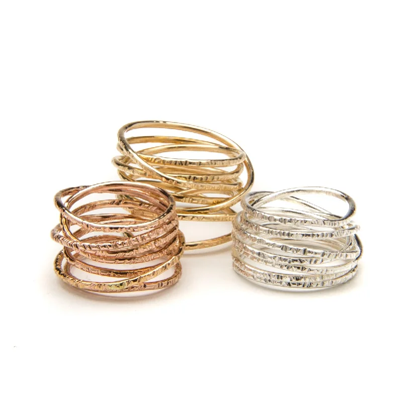 ladies rings layered stackable look -Hammered Coil Rings